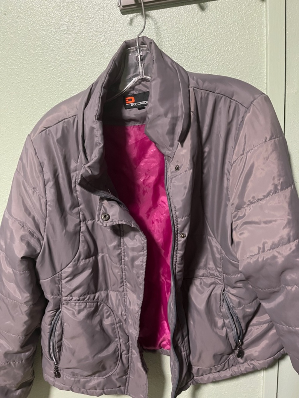 Women’s Dollhouse Grey Puffer Jacket with Hot Pink Lining